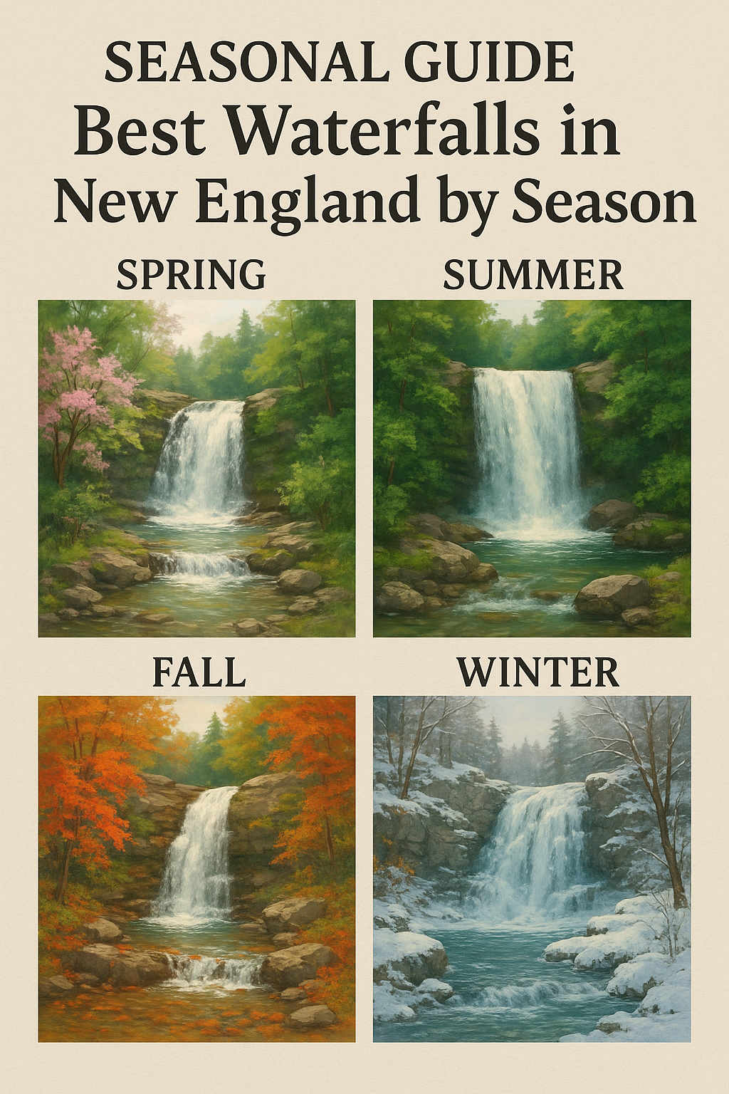 A seasonal guide image showing four scenic waterfall landscapes in New England, each representing a different season—spring with blooming flowers, summer with lush green foliage, fall with vibrant autumn leaves, and winter with snow-covered rocks and icy water.
