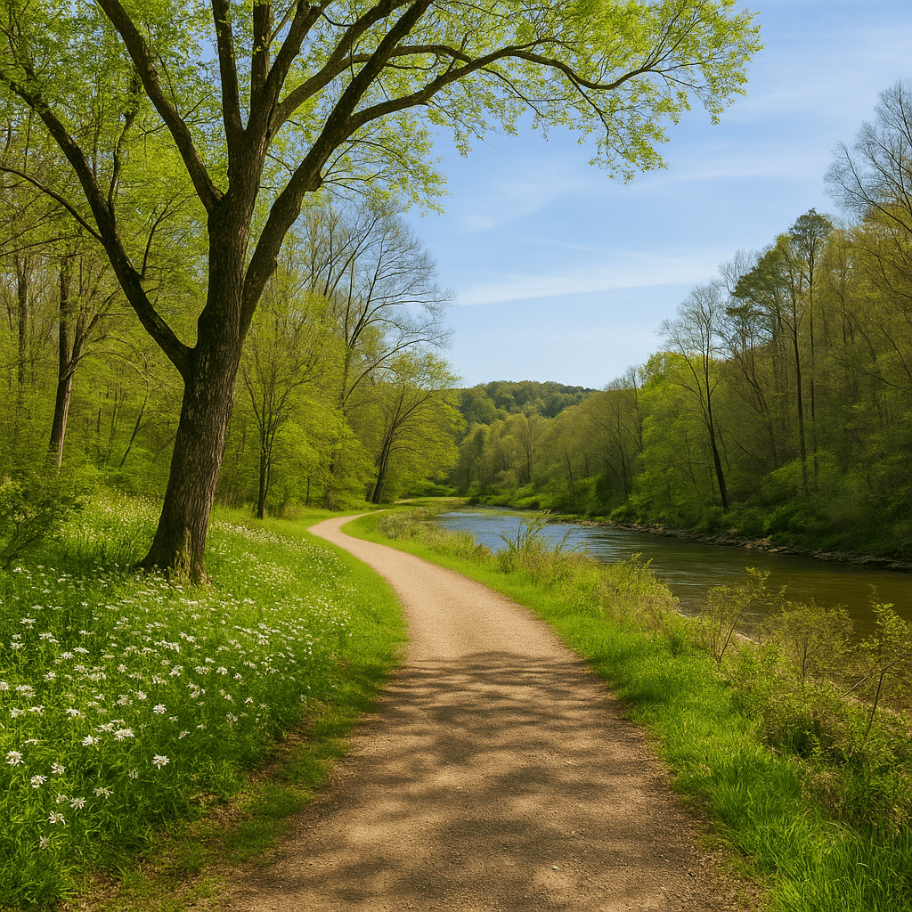 Peaceful walking trail at the State Botanical Garden of Georgia in Athens, winding alongside a calm river, surrounded by wildflowers, tall trees, and lush spring greenery.