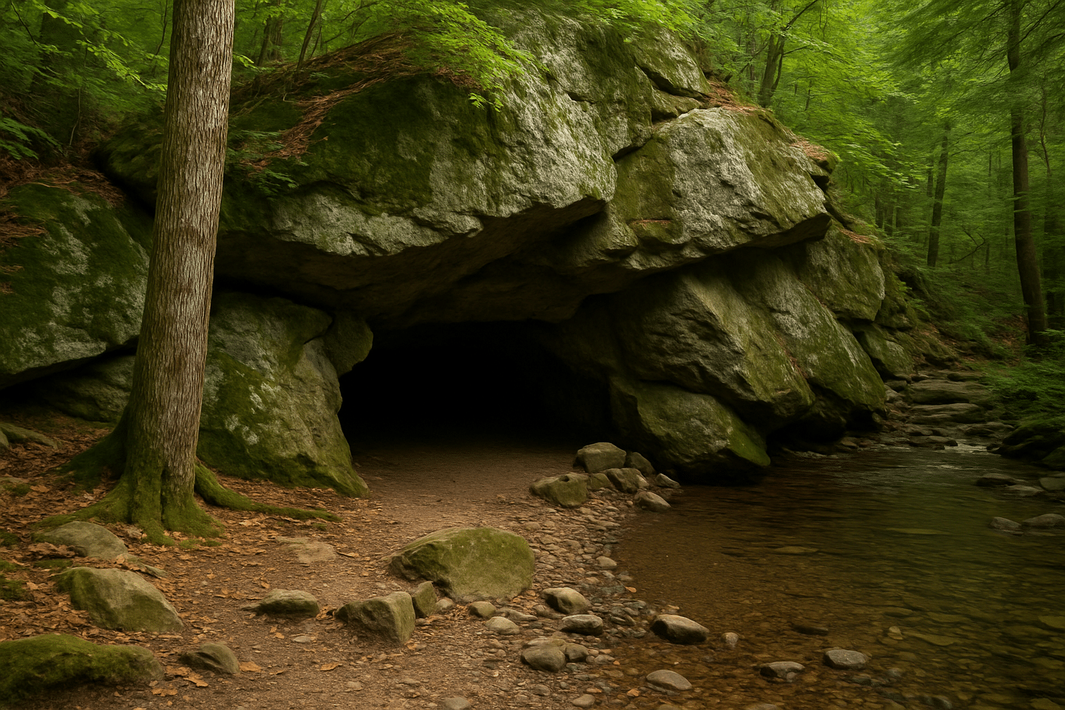 Massachusetts short dips underground near Bash Bish Falls with a mossy boulder cave beside a forest creek.