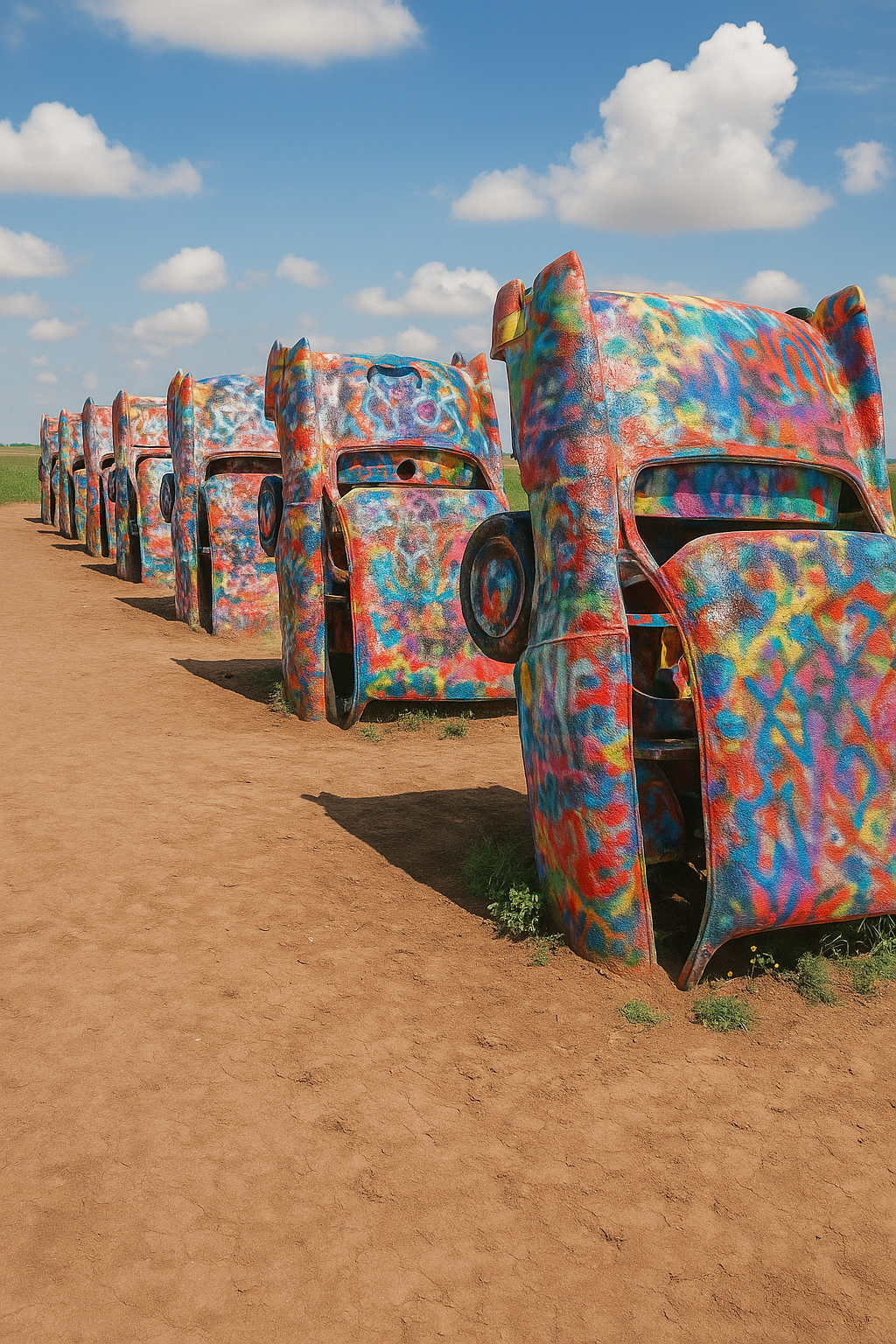 Rows of half-buried, brightly spray-painted cars at Cadillac Ranch in Texas, showcasing one of the most iconic quirky roadside attractions in the U.S.