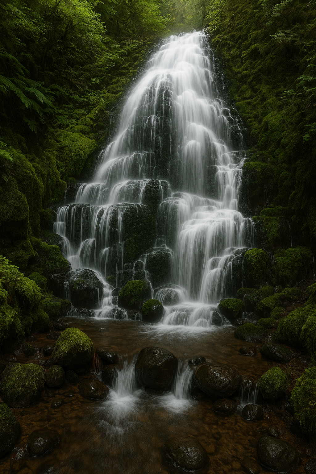 Fairy Falls cascading gently through lush greenery along a hidden forest trail, one of the most serene hidden waterfalls in Oregon