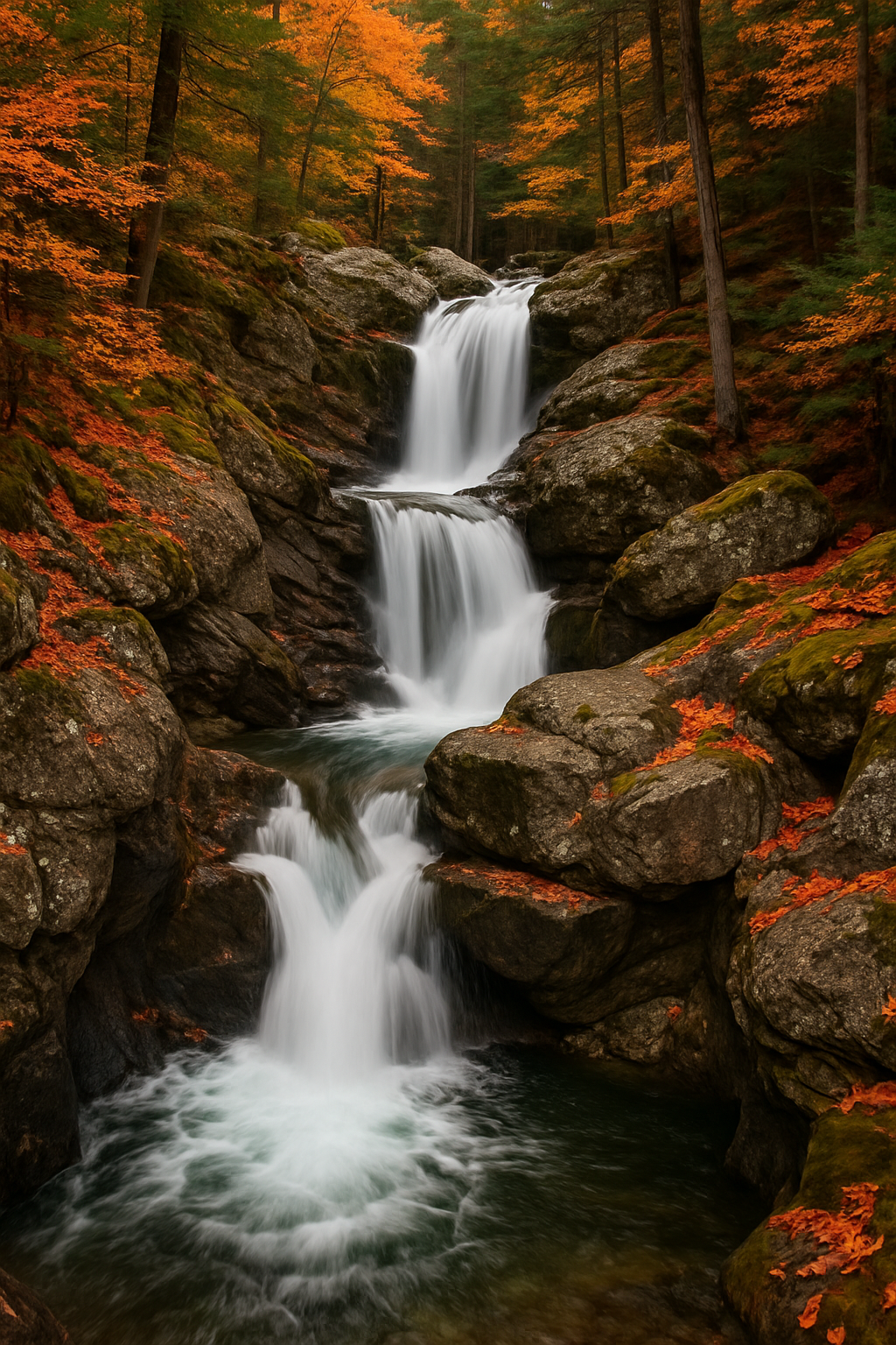 Texas Falls in Vermont, a scenic cascade surrounded by lush forest, representing one of the best waterfalls in New England.