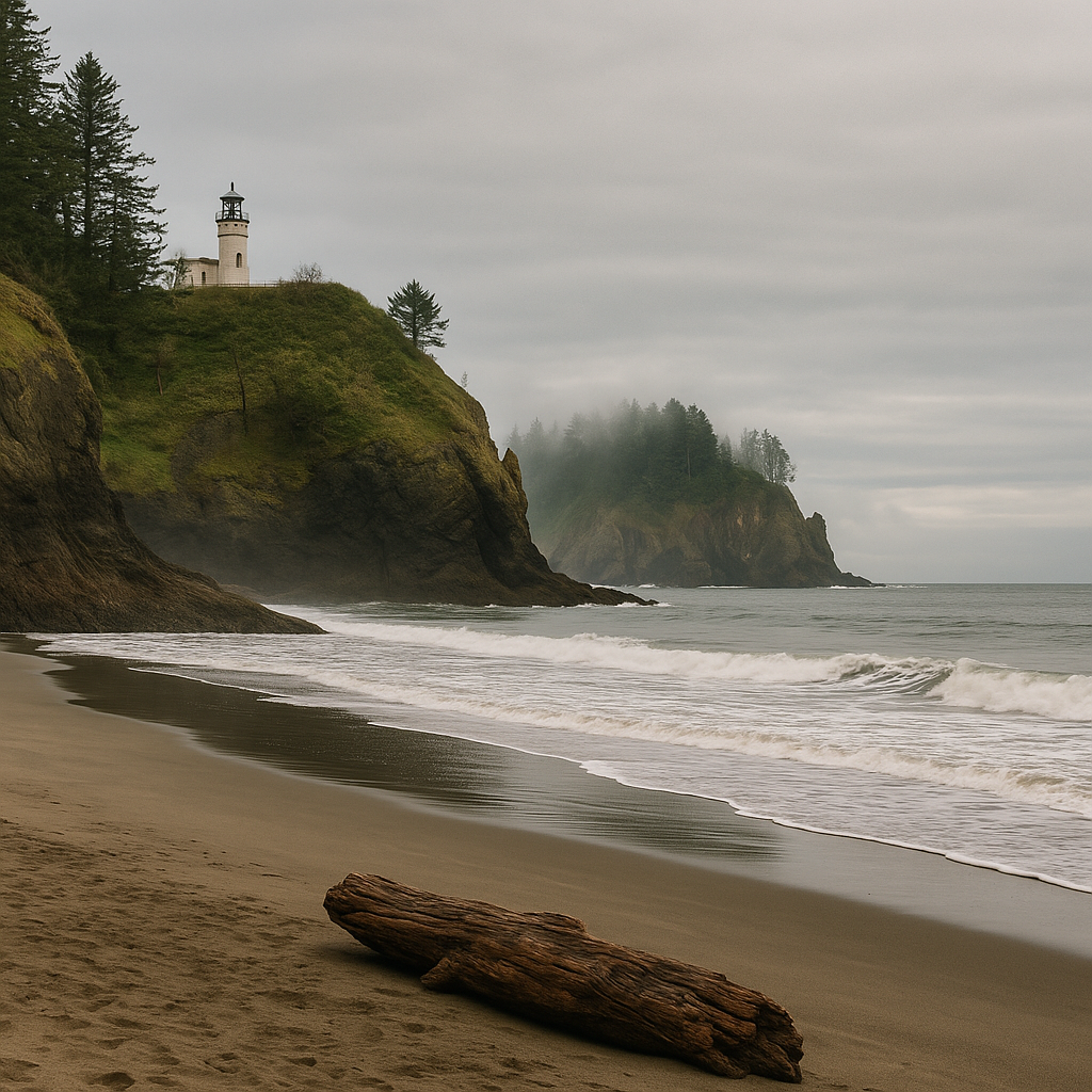 Remote coastal cliffs and quiet sandy shores at Cape Disappointment, showcasing the beauty of hidden beaches in Washington.
