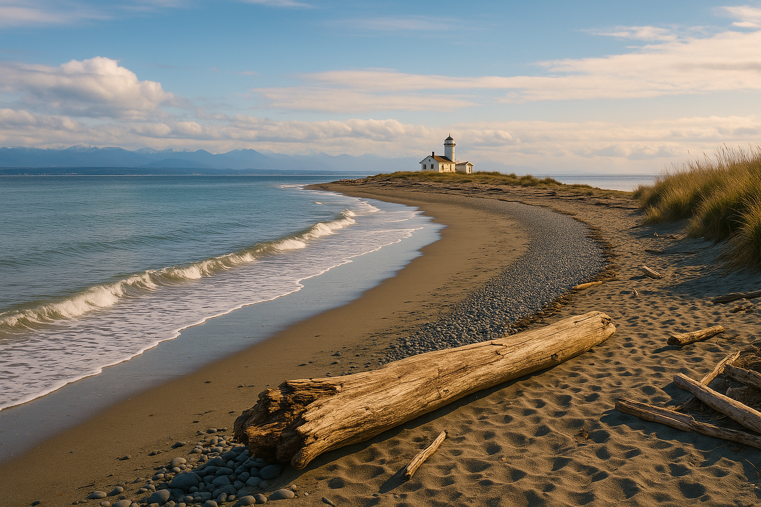 Expansive sand spit stretching into the ocean at Dungeness Spit, a serene escape among hidden beaches in Washington.