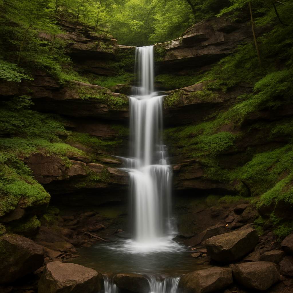 Plattekill Falls cascading through a lush, rocky gorge in the Catskills, offering a scenic view comparable to the best waterfalls in New England.