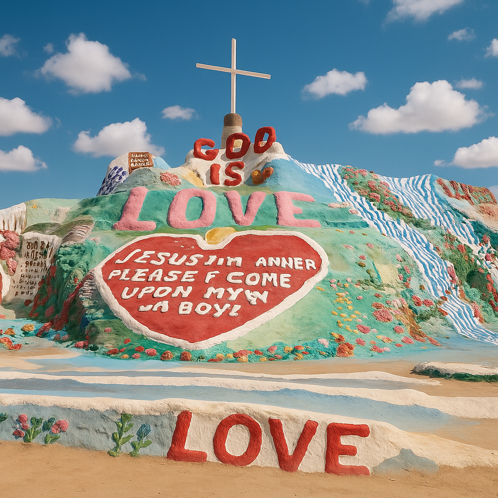 Colorful, hand-painted hills of Salvation Mountain in California under a bright desert sky, a standout among quirky roadside attractions in the U.S.