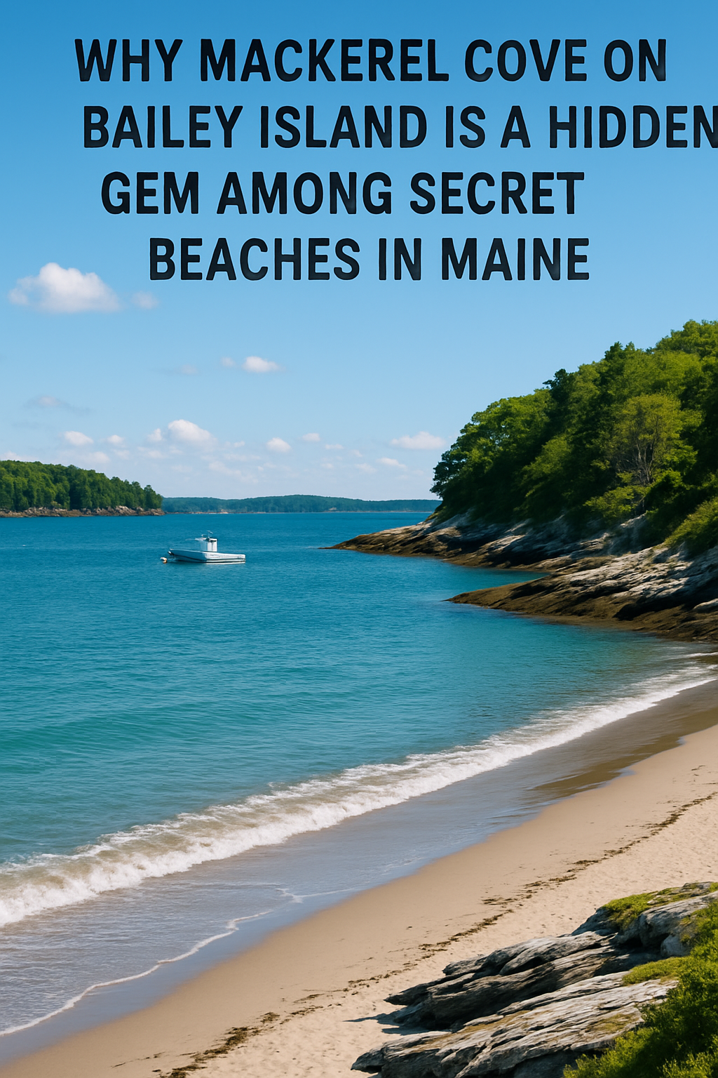 A quiet stretch of sand and calm waters at Mackerel Cove on Bailey Island, showcasing its peaceful charm as a hidden gem among Secret Beaches in Maine.