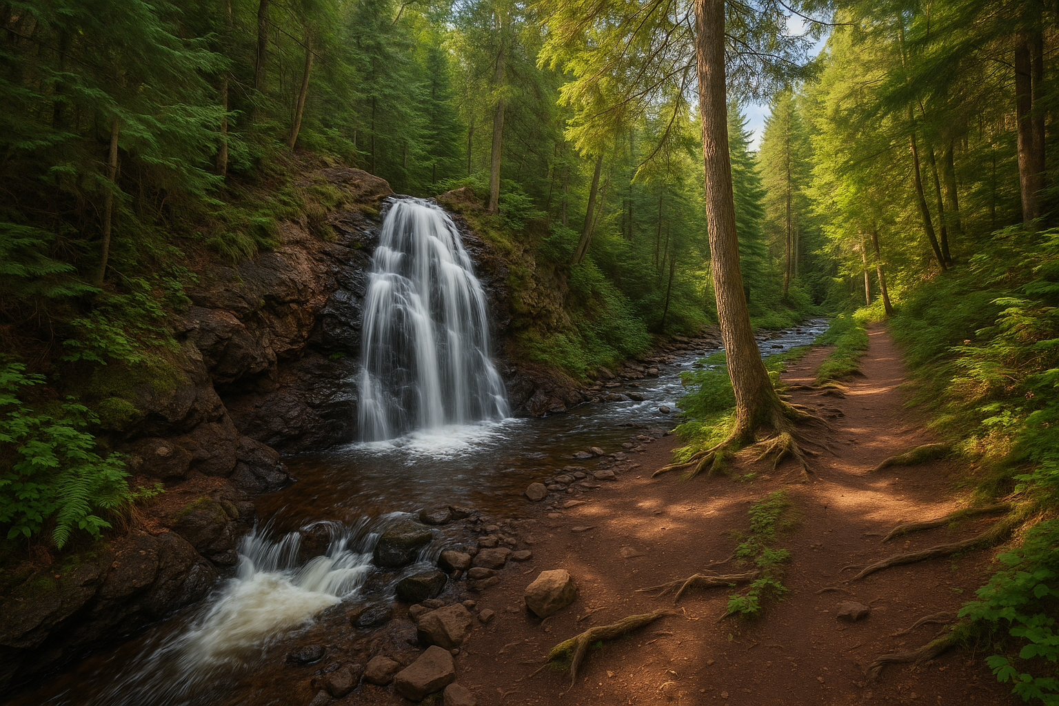 A thrilling series of rapids and drops in a rocky gorge, popular with kayakers and hikers, accessible via a forest trail near Marquette.