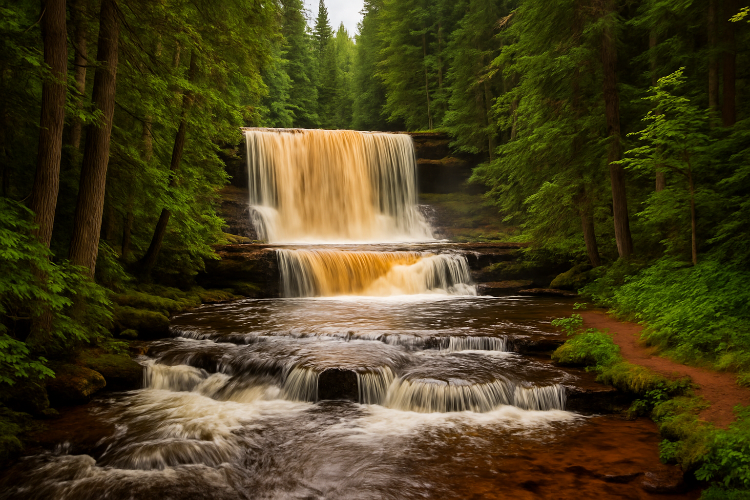 A powerful two-tiered waterfall surrounded by lush green forest in Michigan, showcasing the natural beauty and tranquility of waterfalls in Michigan.