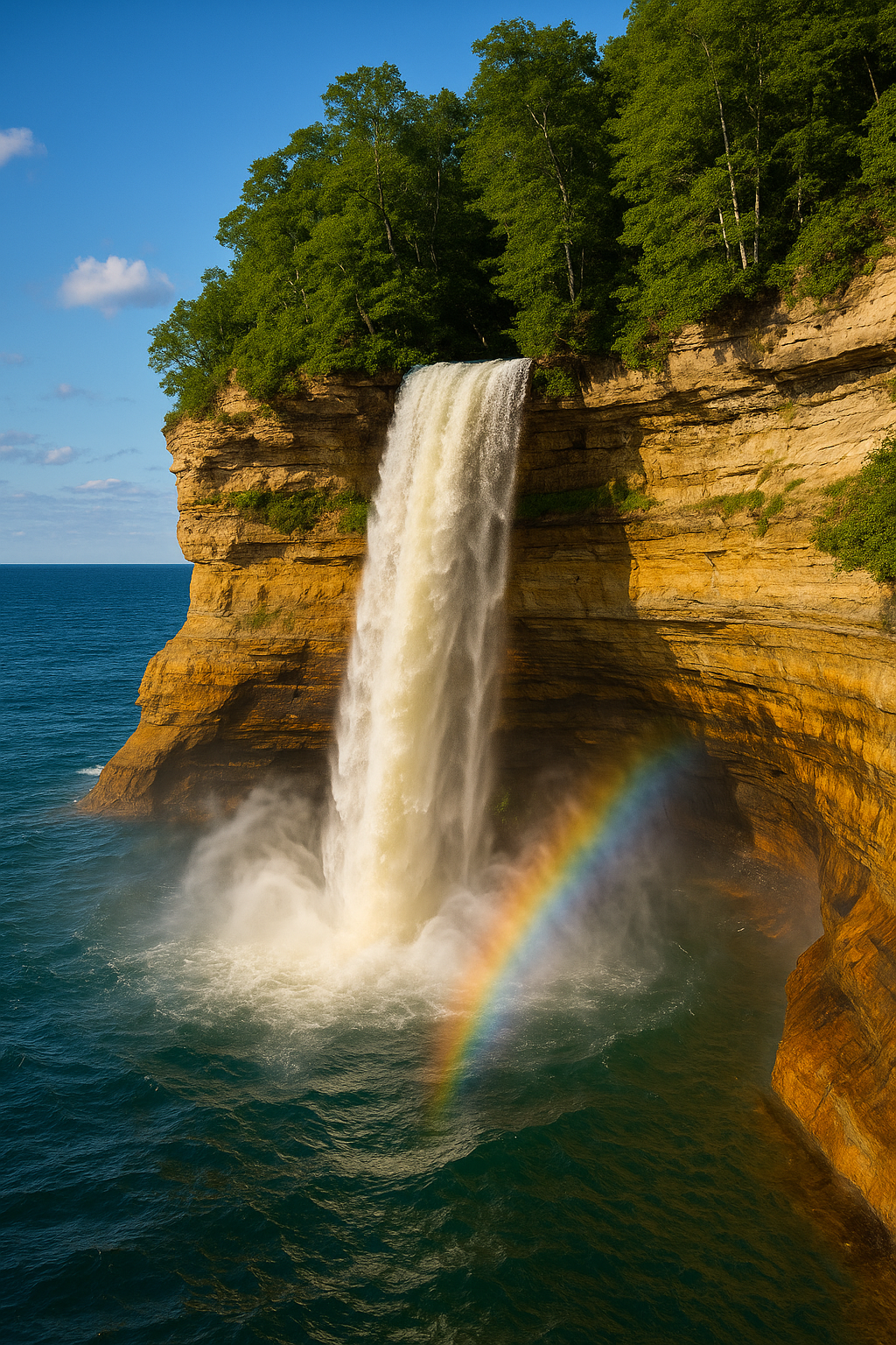 A dramatic 70-foot waterfall plunging directly into Lake Superior at Pictured Rocks, mist swirling into rainbows against layered sandstone cliffs.