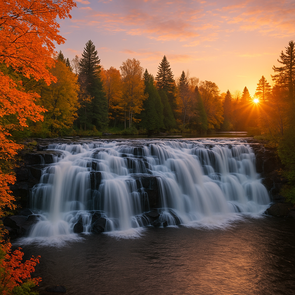 Bond Falls at sunrise in Haight Township, Michigan, USA on an autumn morning.