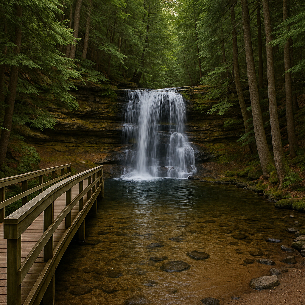 A gentle 25-foot waterfall framed by hemlock trees, with an accessible boardwalk leading to its crystal-clear pool in Michigan’s Hiawatha National Forest