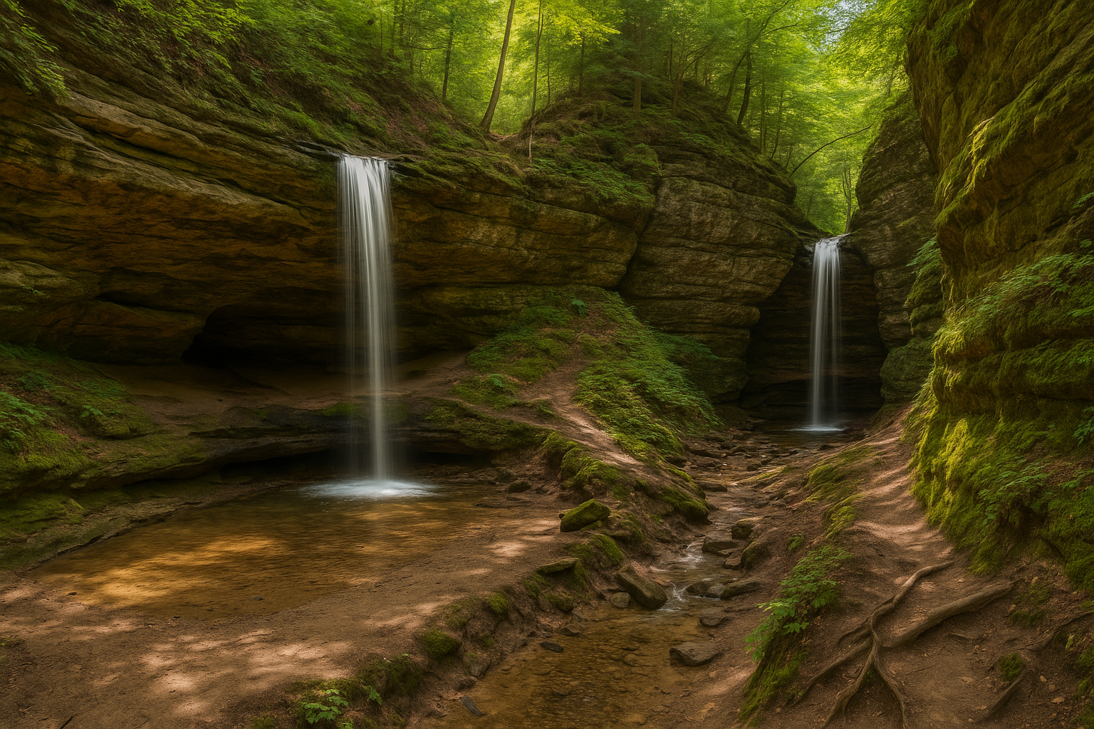 Michigan’s largest Lower Peninsula waterfall, cascading over limestone ledges in a serene state park, blending natural and sculpted rock formations