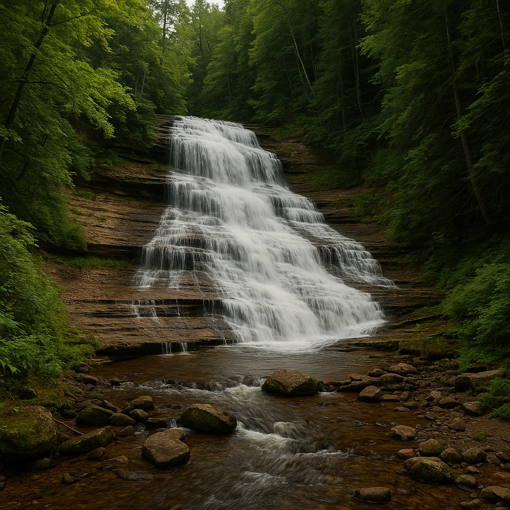 Remote cascades tumbling through a rocky canyon in Michigan’s wilderness, surrounded by ancient pine forests and rugged cliffs along the Rock River.