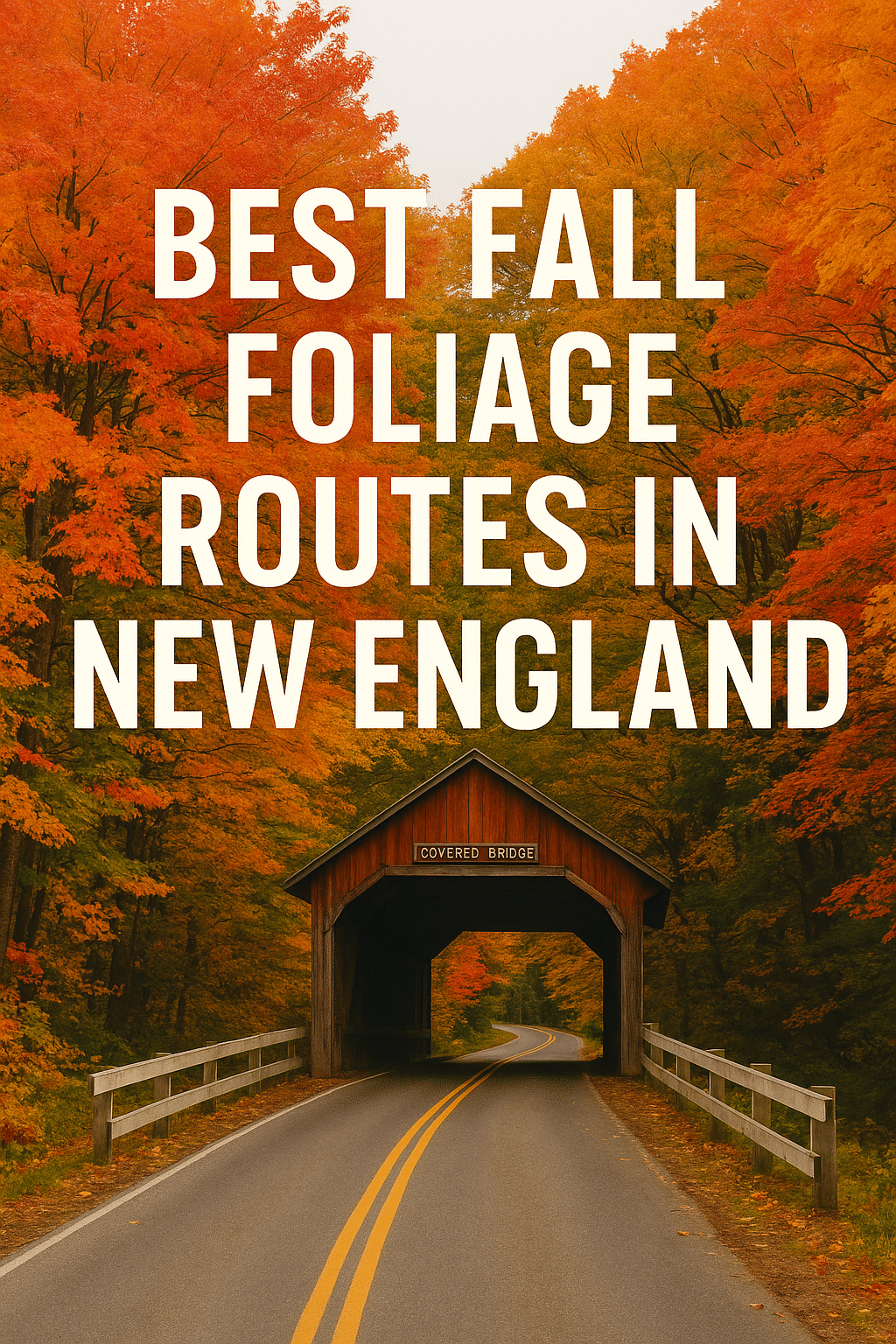 Scenic New England covered bridge surrounded by vibrant fall foliage in shades of red, orange, and yellow during autumn.