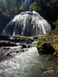 A multi-tiered waterfall in a rugged Central Oregon canyon, accessible via a wildflower-lined trail through sagebrush and pine forests