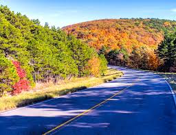 Ridge-top drive through the Ouachita Mountains, ablaze with autumn foliage and misty valley overlooks.