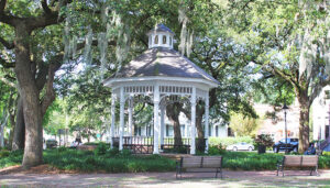 Hidden gems in Savannah, GA: Whitefield Park, a peaceful and quiet square featuring oak trees and a charming gazebo.