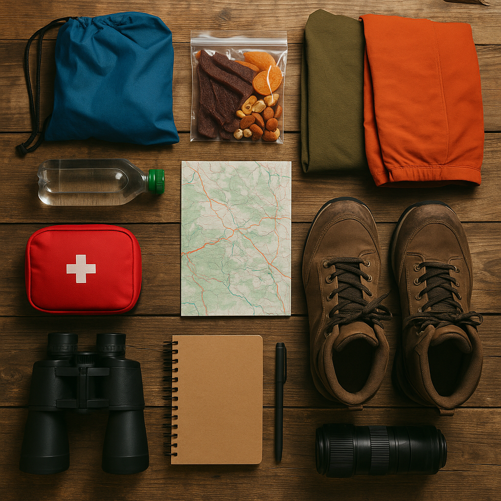 Essential gear checklist laid out for hiking Hidden Historic Trails in the Midwest: Discover America’s Forgotten Pathways, including boots, map, first-aid kit, and trail snacks.