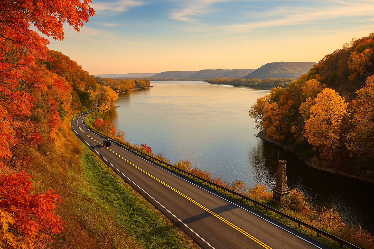 Scenic view of the Mississippi River alongside a winding road framed by autumn trees, representing the Great River Road as part of Hidden Historic Trails in the Midwest: Discover America’s Forgotten Pathways.