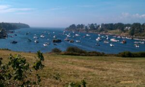  Mackerel Cove on Bailey Island, offering a peaceful view of the harbor with fishing boats docked nearby.