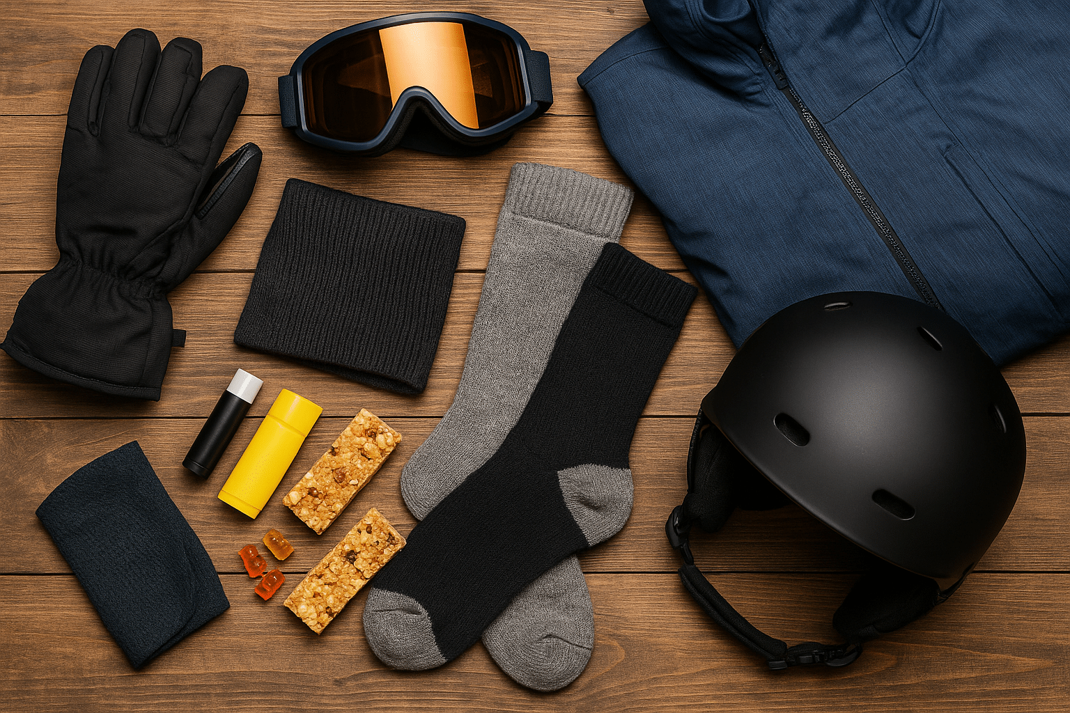Flat lay of essential winter gear including gloves, goggles, helmet, neck gaiter, and outerwear—perfect for your trip to the mountains from the list of ski resorts in Vermont.