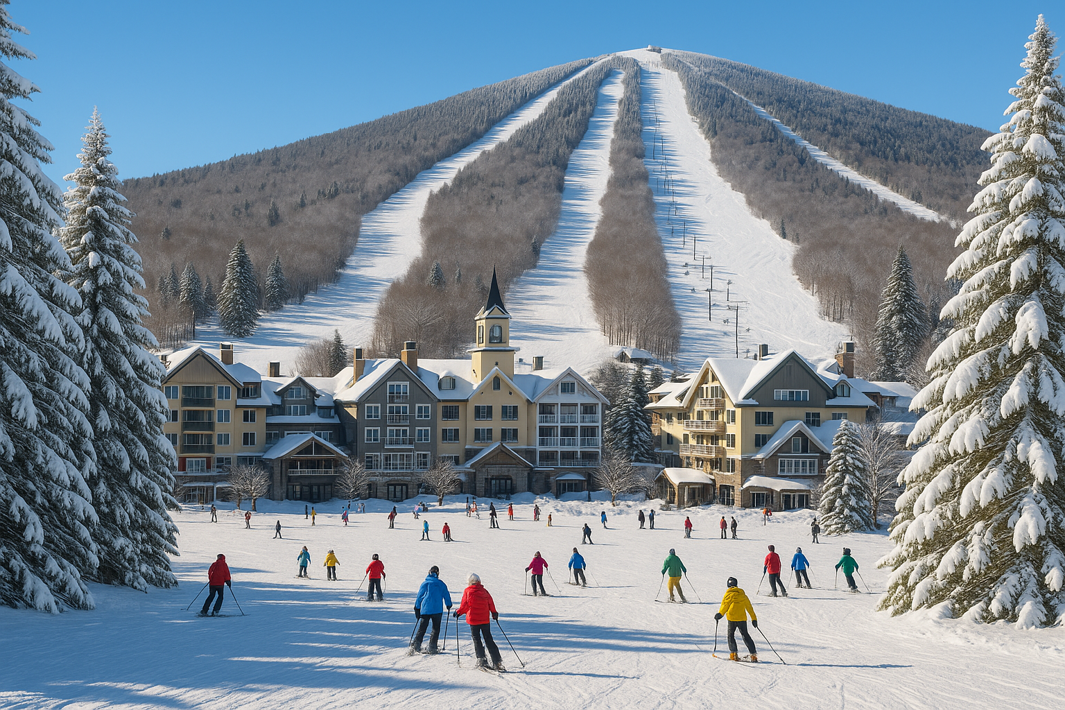 Skiers enjoy the slopes at Stratton Mountain Resort on a sunny winter day, part of the list of ski resorts in Vermont.