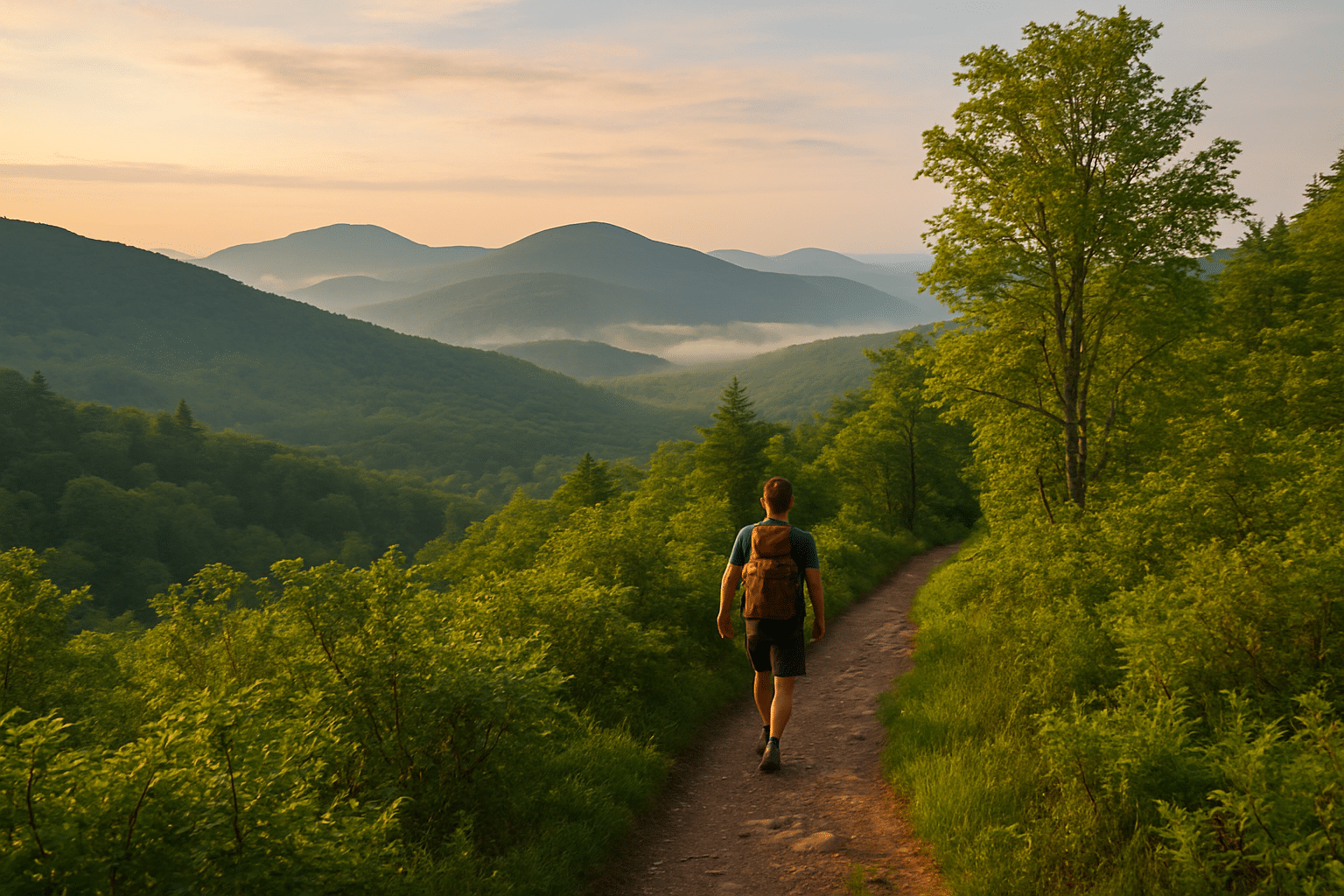 A scenic trail winding through Vermont’s Green Mountains with lush green trees, soft morning light, and misty ridges in the distance.