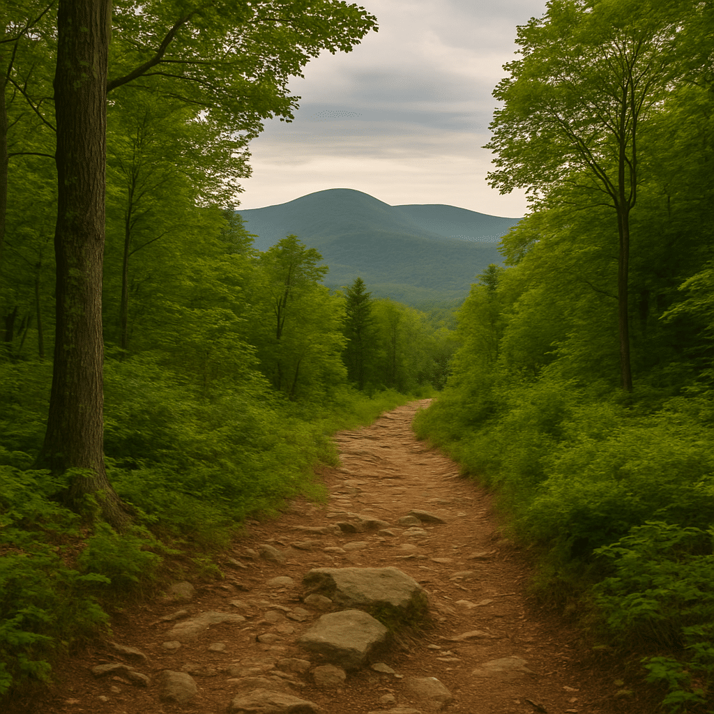 Rocky dirt path of the Hidden Ridge Trail surrounded by dense green forest, leading toward distant mountain ridges under a cloudy sky.