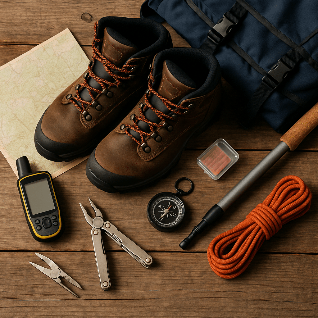 Hiking essentials including boots, backpack, compass, map, GPS device, rope, trekking pole, multi-tool, and first aid kit neatly arranged on a wooden surface.