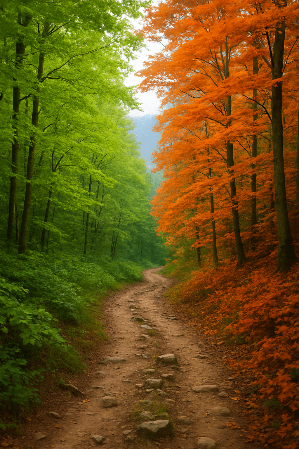 Forest trail in Vermont’s Green Mountains showing seasonal contrast—lush green spring foliage on the left and vibrant autumn colors on the right.