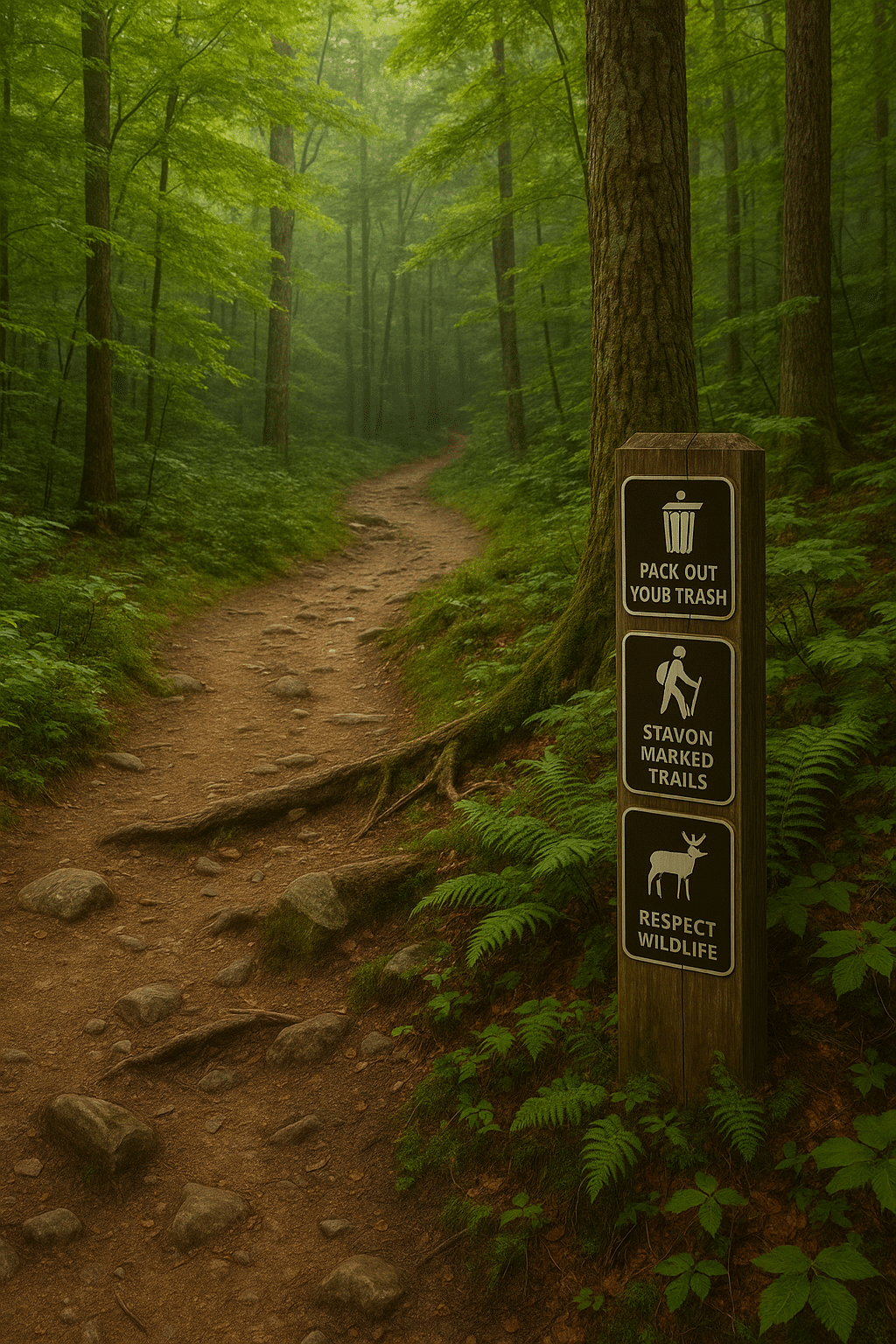 Forest trail in Vermont’s Green Mountains with a wooden sign reminding hikers to pack out trash, stay on marked trails, and respect wildlife.