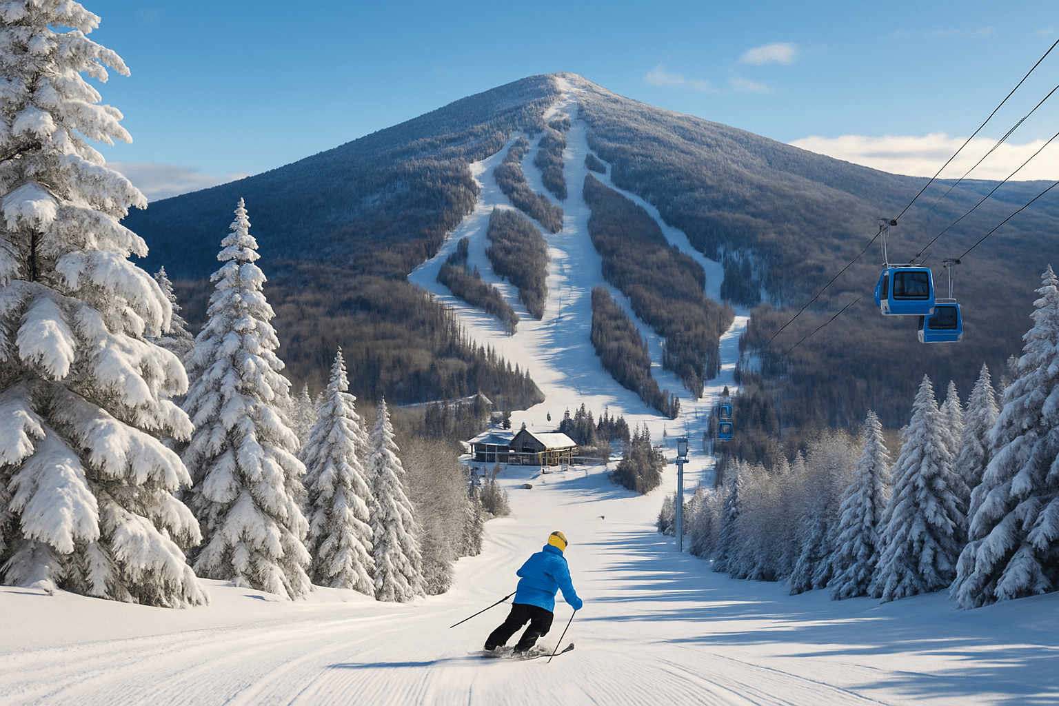 Snow-covered Vermont ski resort with groomed trails, gondolas ascending the mountain, evergreen trees, and a cozy lodge at the base under a bright winter sky.
