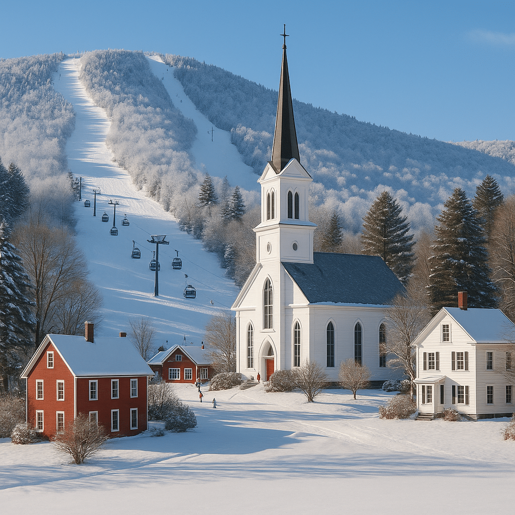 Snow-covered Southern Vermont ski resort with ski slopes, chairlifts, and a charming village featuring a white steepled church and historic houses.