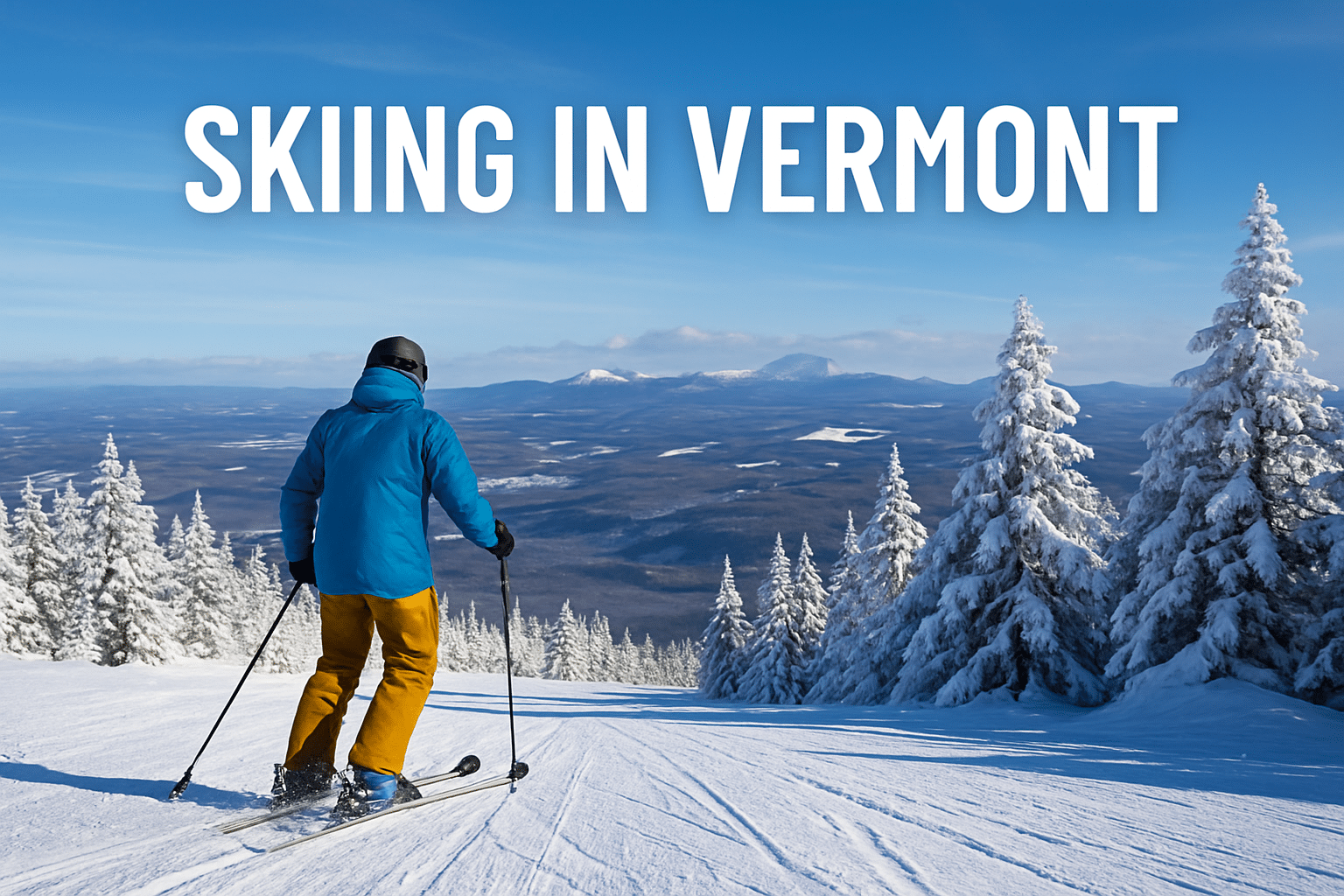 Skier in blue jacket and yellow pants descending a snowy slope surrounded by frosted pine trees with panoramic mountain views in Vermont.