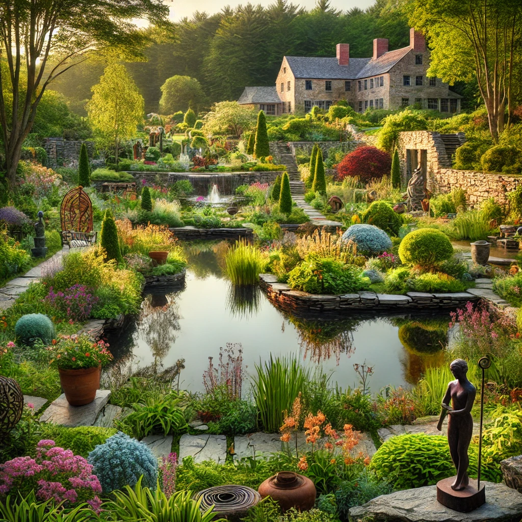 A peaceful garden scene featuring elements of secret gardens in New England, blending lush greenery, vibrant flower beds, rustic stone paths, and artistic sculptures from Bedrock Gardens and Hollister House Garden.