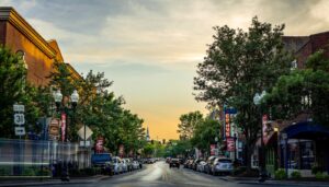 Historic Main Street in Franklin, Tennessee with charming shops and family-friendly atmosphere.