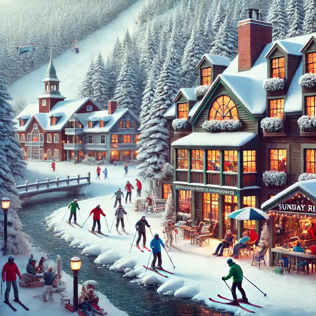 Winter scene in Bethel, Maine, with people skiing at Sunday River Resort and snow-covered mountains in the background, highlighting things to do in Bethel, Maine during winter