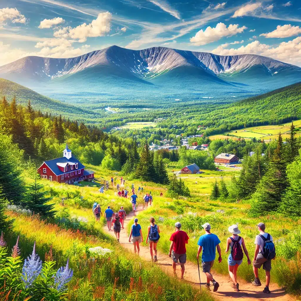 Summer hiking scene in Bethel, Maine, highlighting things to do in Bethel, Maine, with people hiking on a scenic trail and panoramic views of the White Mountains.
