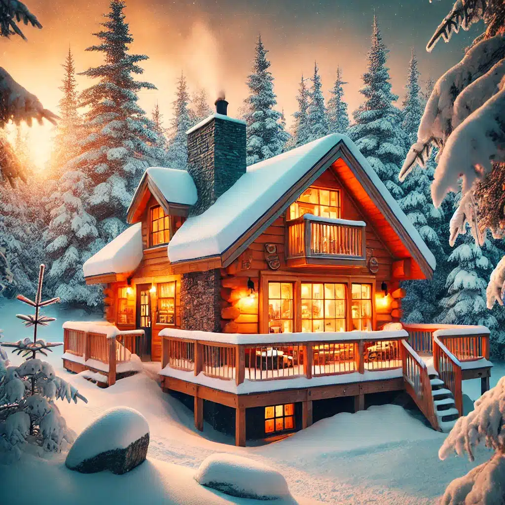 Cozy winter cabin in Bethel, Maine, surrounded by snow-covered trees, perfect for enjoying things to do in Bethel, Maine during winter