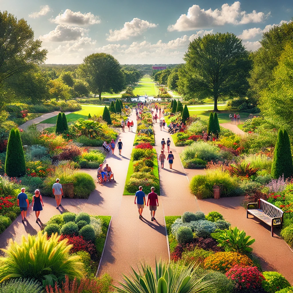 Scenic view of Missouri Botanical Gardens, showcasing lush greenery, vibrant flowers, and walking paths, highlighting Bethel Ridge Real Estate's proximity to local attractions.
