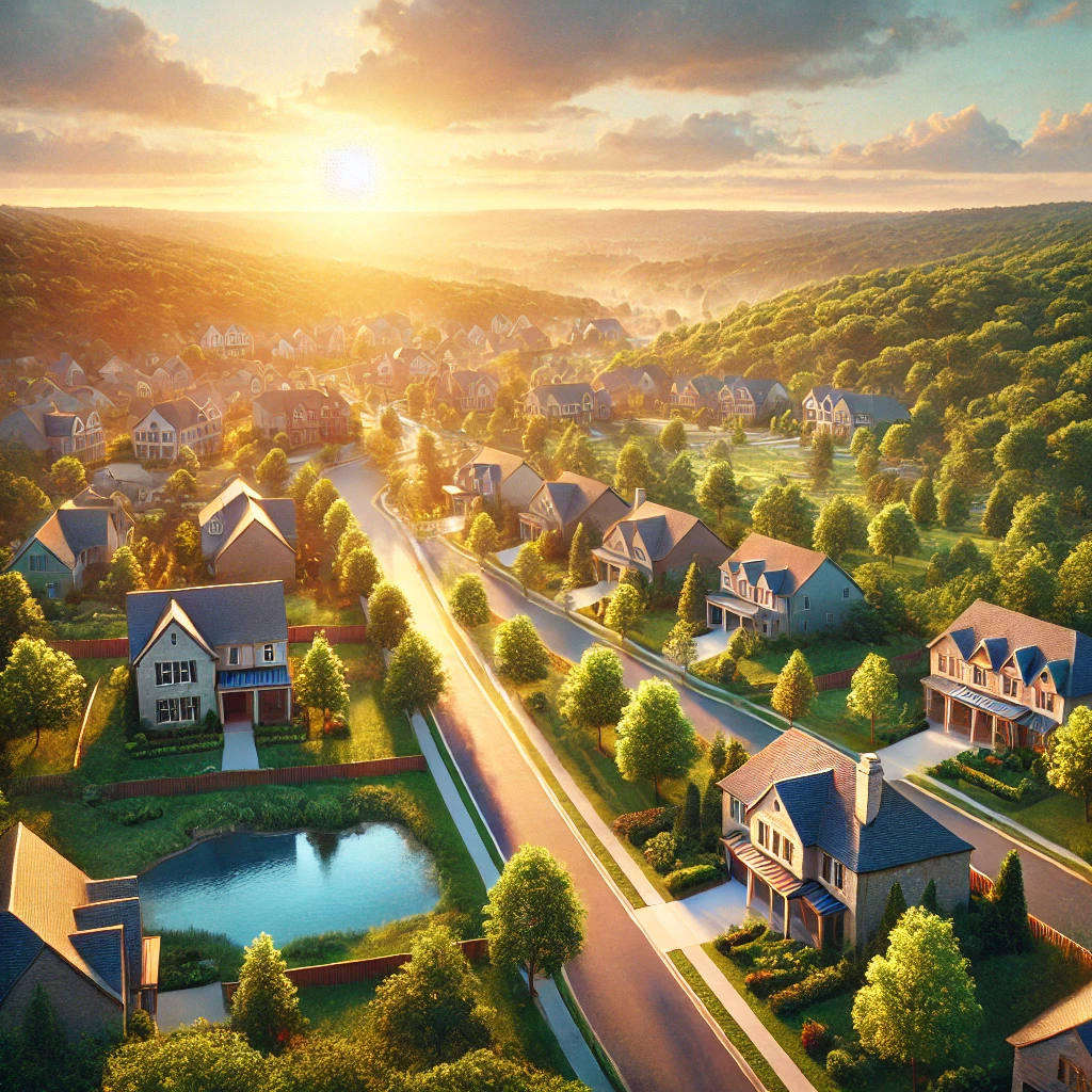 Tranquil view of Bethel Ridge Real Estate, featuring homes, green spaces, and tree-lined streets, offering a peaceful and inviting atmosphere ideal for families.