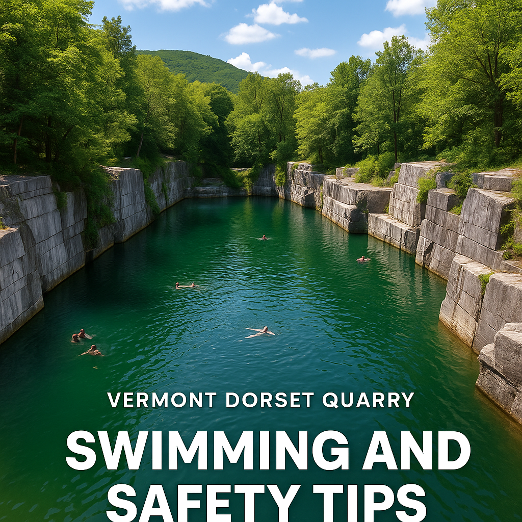 People swimming at Dorset Vermont Marble Quarry with clear green water and stone cliffs