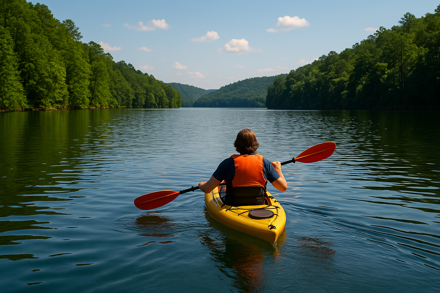 Kayaking on Lake Hamilton Arkansas with scenic green hills and calm blue water on a sunny day