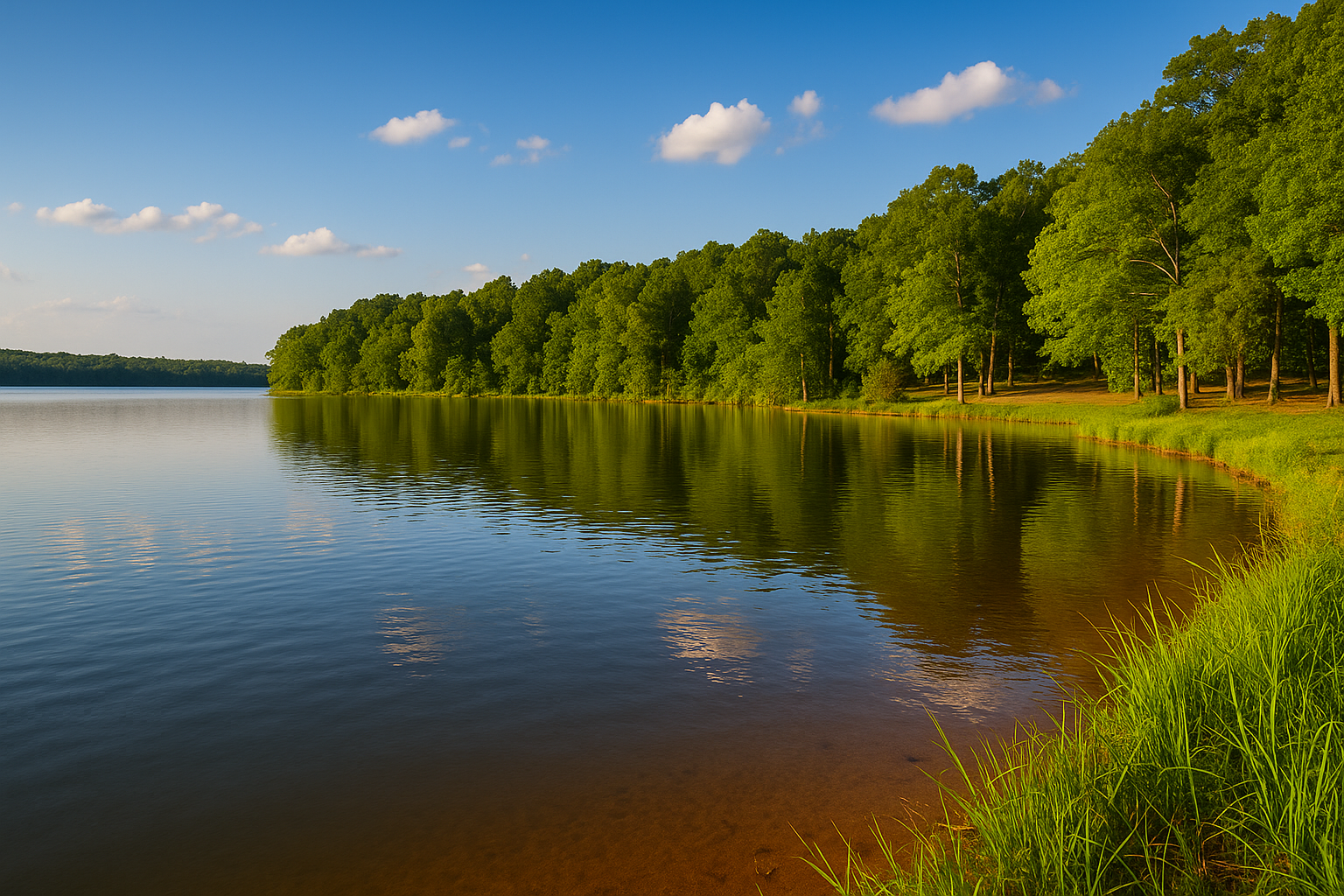 Scenic view of Lake Poinsett State Park with calm reflective water and lush forest in Arkansas