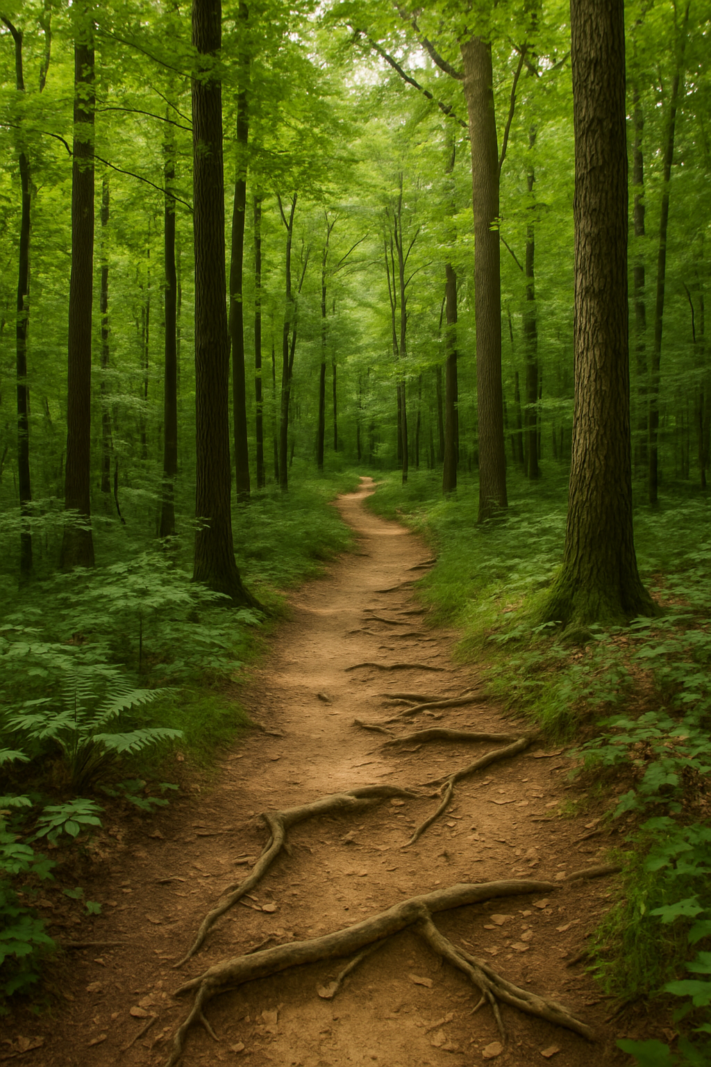 Wooded hiking trail at Lake Poinsett State Park with tree roots and green forest canopy in Arkansas