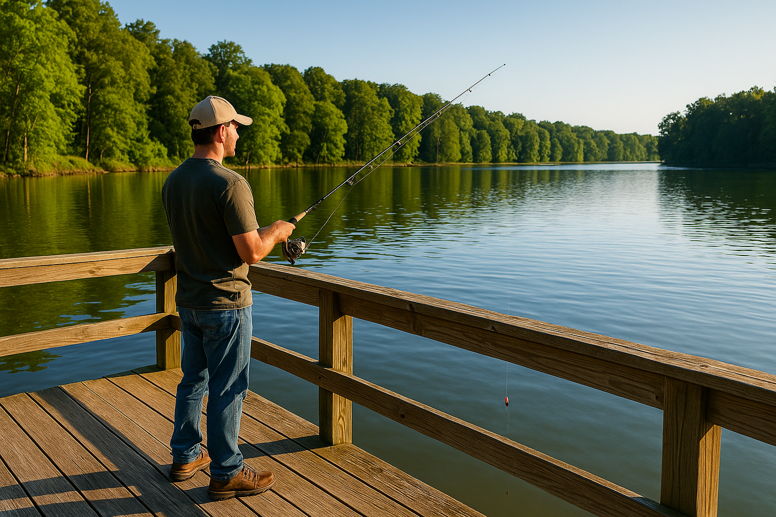 Man fishing from wooden pier at Lake Poinsett State Park during sunset in Arkansas