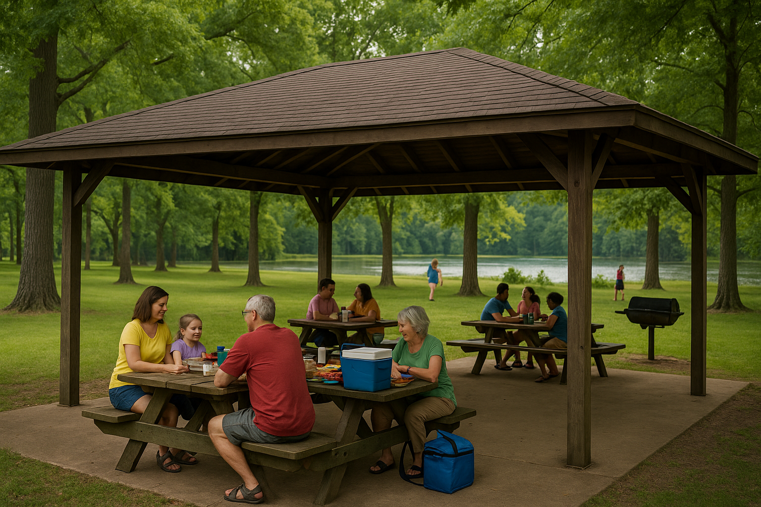 Families enjoying a picnic under a pavilion at Lake Poinsett State Park with lake view in the background