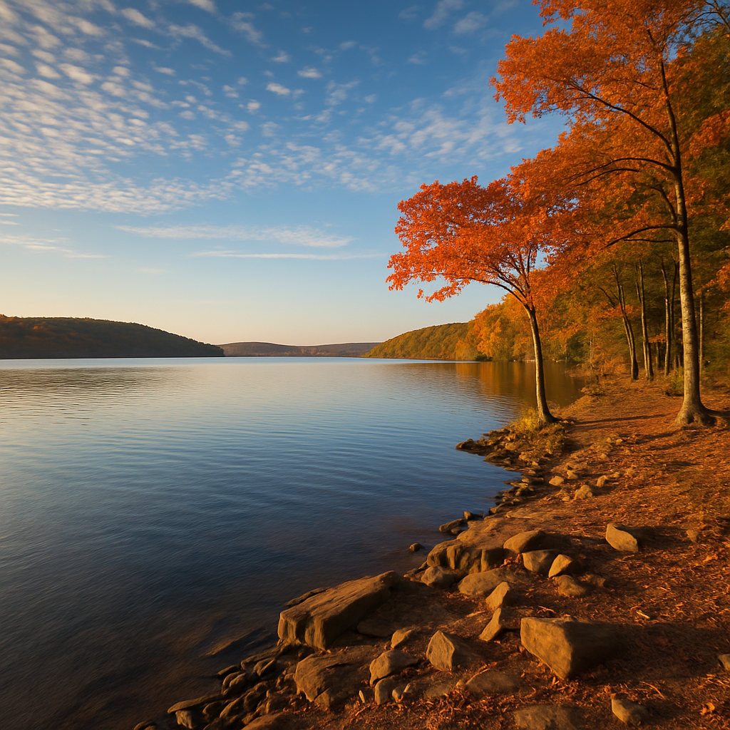 Shoreline view of Lake Maumelle in Arkansas during fall with vibrant autumn trees and calm blue water