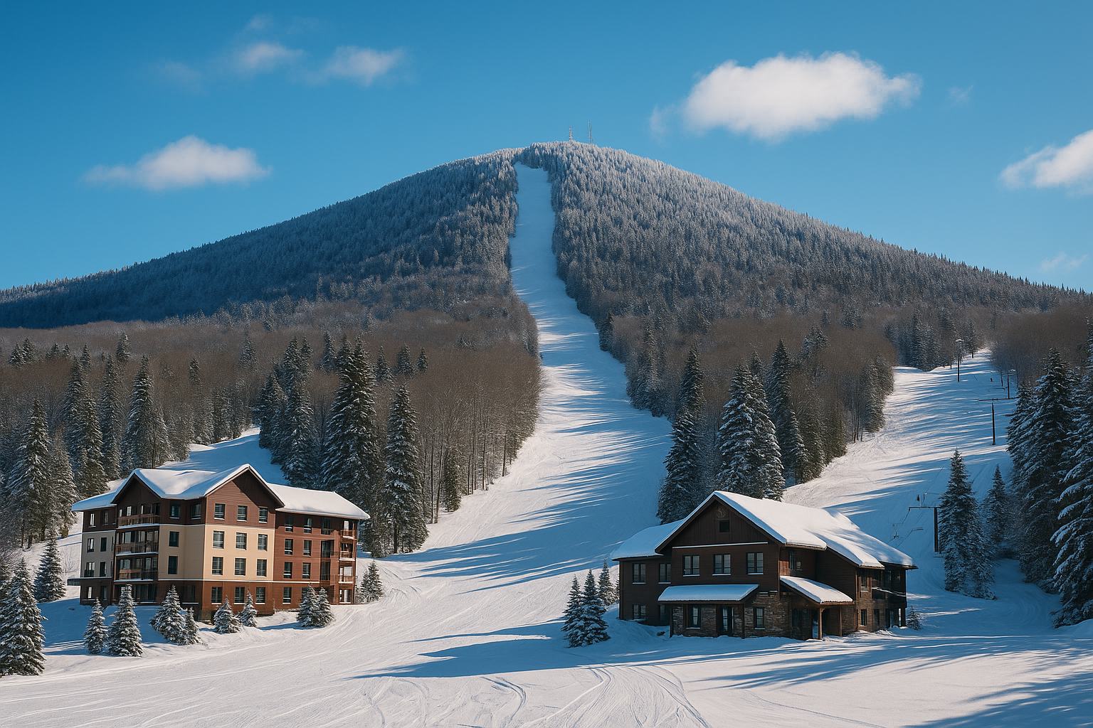 Burke Mountain ski resort as seen from above, highlighted on the map of Vermont ski areas during winter season.